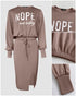2 Pieces Outfit NOPE. not today Slogan Print Long Sleeve Stretchy Hem Crop Top and High Waist Drawstring Elastic Waist Slit Casual Skirt Set coffee