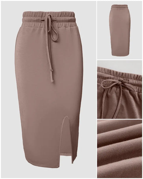 2 Pieces Outfit NOPE. not today Slogan Print Long Sleeve Stretchy Hem Crop Top and High Waist Drawstring Elastic Waist Slit Casual Skirt Set coffee