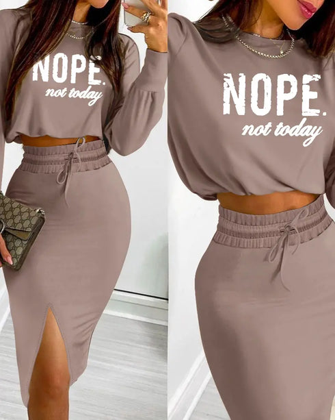 2 Pieces Outfit NOPE. not today Slogan Print Long Sleeve Stretchy Hem Crop Top and High Waist Drawstring Elastic Waist Slit Casual Skirt Set coffee