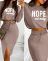 2 Pieces Outfit NOPE. not today Slogan Print Long Sleeve Stretchy Hem Crop Top and High Waist Drawstring Elastic Waist Slit Casual Skirt Set coffee