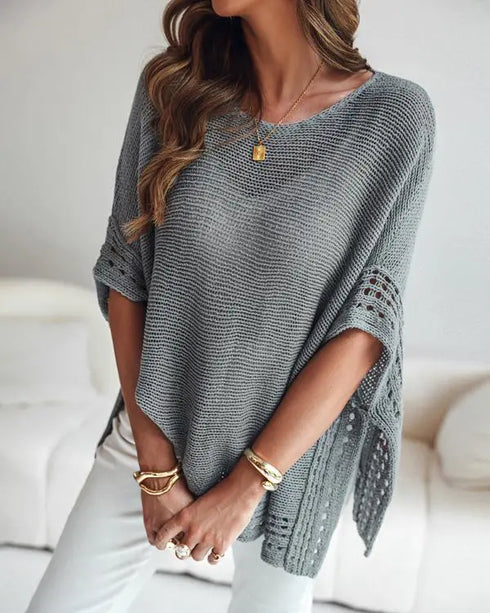 Solid Batwing Sleeve Hollow-out Crochet Pattern Top Casual Cover Up gray