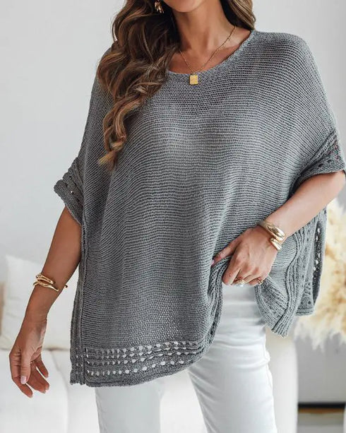 Solid Batwing Sleeve Hollow-out Crochet Pattern Top Casual Cover Up gray