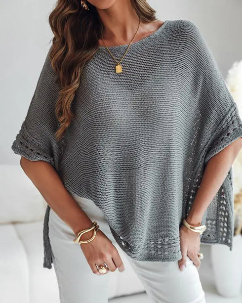 Solid Batwing Sleeve Hollow-out Crochet Pattern Top Casual Cover Up gray
