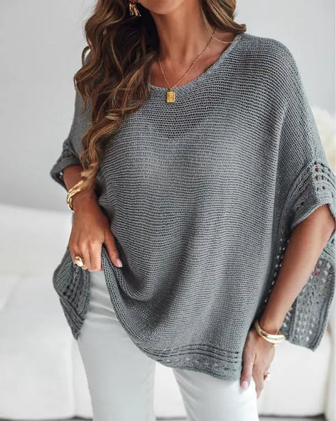 Solid Batwing Sleeve Hollow-out Crochet Pattern Top Casual Cover Up gray