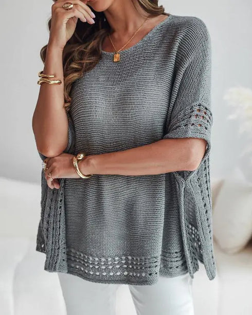 Solid Batwing Sleeve Hollow-out Crochet Pattern Top Casual Cover Up gray