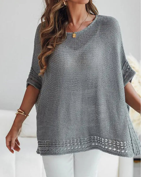 Solid Batwing Sleeve Hollow-out Crochet Pattern Top Casual Cover Up gray
