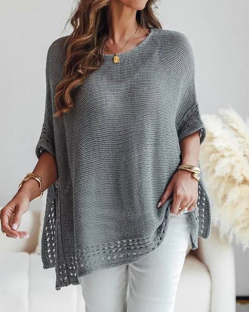 Solid Batwing Sleeve Hollow-out Crochet Pattern Top Casual Cover Up gray