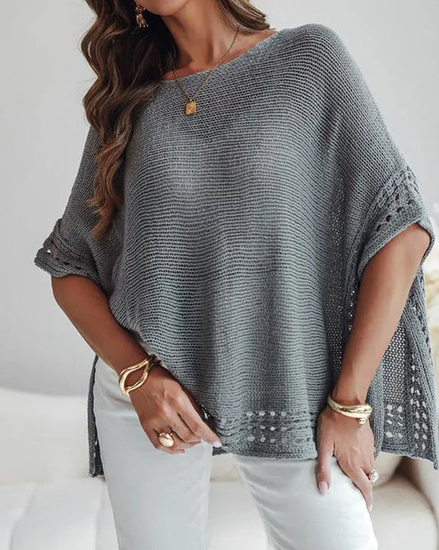 Solid Batwing Sleeve Hollow-out Crochet Pattern Top Casual Cover Up gray