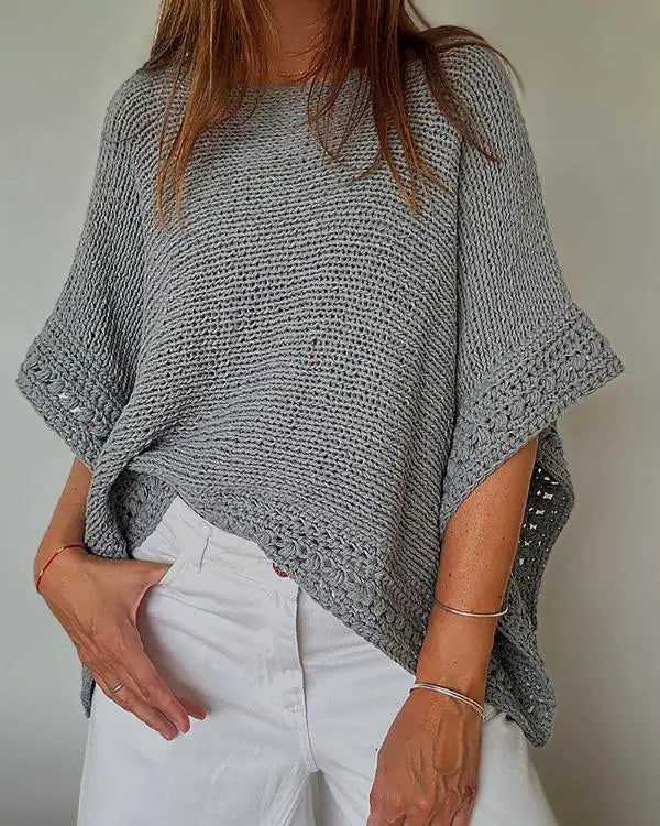 Solid Batwing Sleeve Hollow-out Crochet Pattern Top Casual Cover Up gray