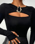 Mock Neck Long Sleeve Rhinestone Decor Top black