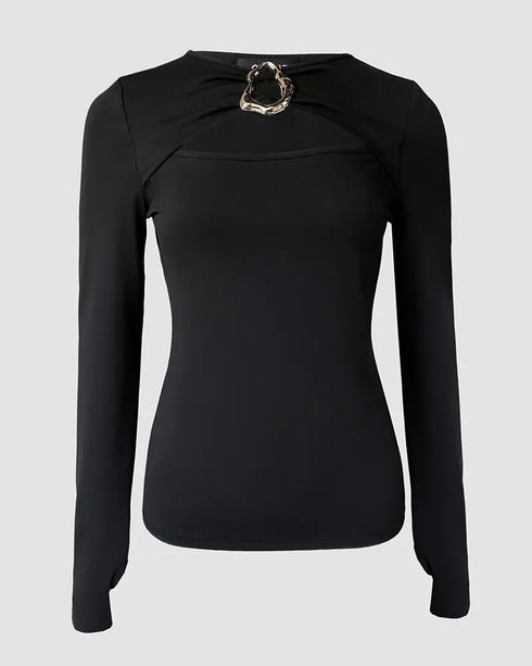Mock Neck Long Sleeve Rhinestone Decor Top black