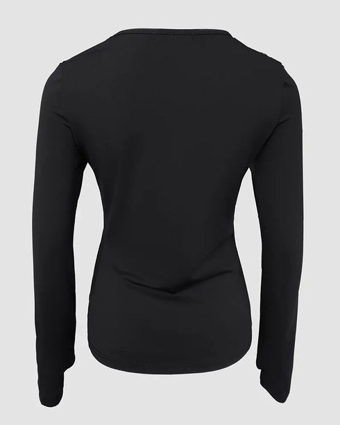 Metal Ring Decor Round Neck Hollow-out Long Sleeve Top Slim Fit Stretchy Layering Top with Thumb Hole Cuffs black