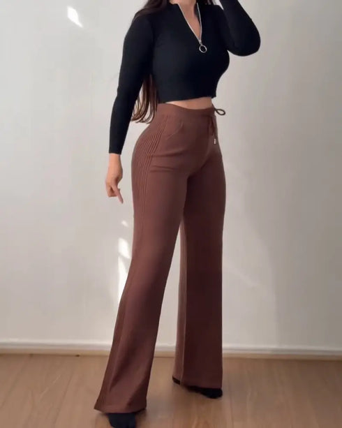 Jacquard Knit Bell-Bottom High Waist Elastic Waist Slim Fit Casual Long Pants coffee