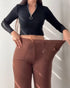 Jacquard Knit Bell-Bottom High Waist Elastic Waist Slim Fit Casual Long Pants coffee