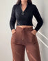 Jacquard Knit Bell-Bottom High Waist Elastic Waist Slim Fit Casual Long Pants coffee