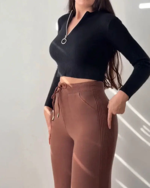 Jacquard Knit Bell-Bottom High Waist Elastic Waist Slim Fit Casual Long Pants coffee