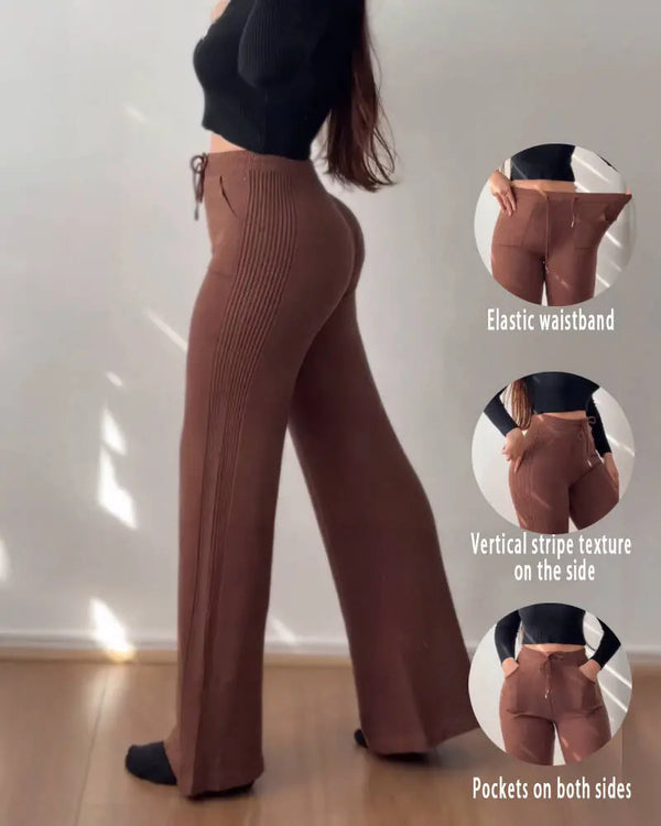 Jacquard Knit Bell-Bottom High Waist Elastic Waist Slim Fit Casual Long Pants coffee