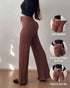 Jacquard Knit Bell-Bottom High Waist Elastic Waist Slim Fit Casual Long Pants coffee