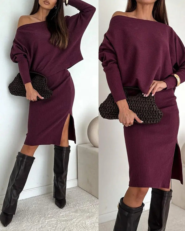 2 Pieces Outfit Skew Neck Batwing Sleeve Top and Side Slit Skirt Set Casual Ribbed Set Wine red