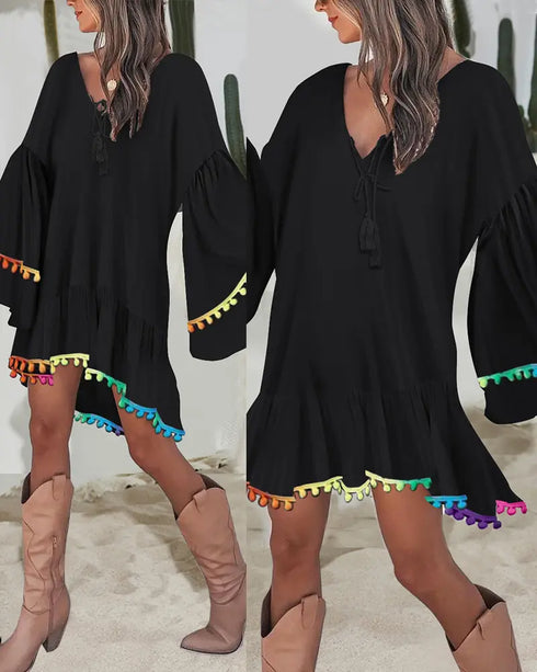 Colorblock V-Neck Bell Sleeve A Line Tassel Mini Dress Vacation Dress black