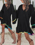 Colorblock V-Neck Bell Sleeve A Line Tassel Mini Dress Vacation Dress black