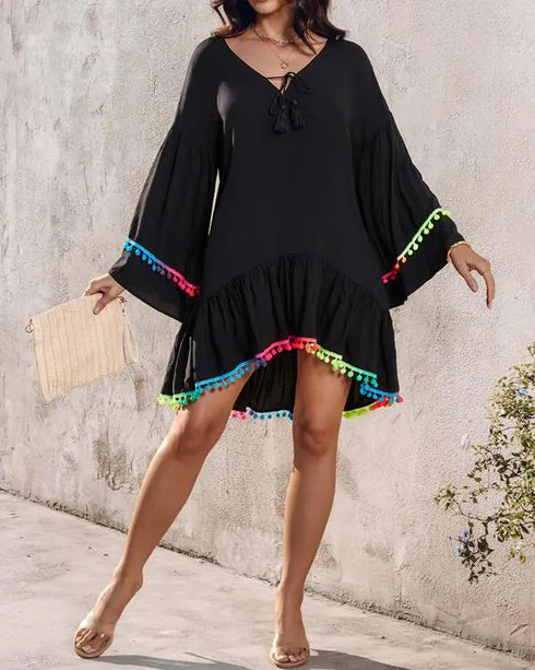 Colorblock V-Neck Bell Sleeve A Line Tassel Mini Dress Vacation Dress black