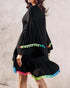 Colorblock V-Neck Bell Sleeve A Line Tassel Mini Dress Vacation Dress black