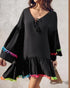 Colorblock V-Neck Bell Sleeve A Line Tassel Mini Dress Vacation Dress black