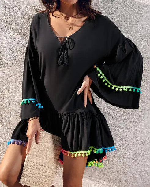 Colorblock V-Neck Bell Sleeve A Line Tassel Mini Dress Vacation Dress black