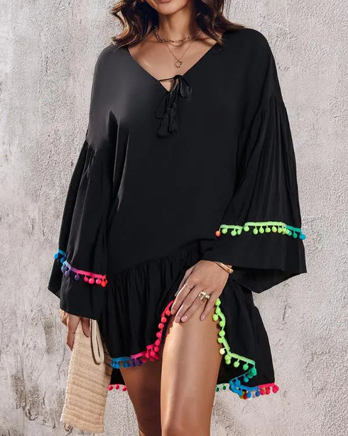 Colorblock V-Neck Bell Sleeve A Line Tassel Mini Dress Vacation Dress black