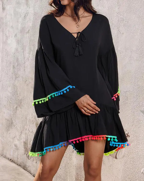Colorblock V-Neck Bell Sleeve A Line Tassel Mini Dress Vacation Dress black