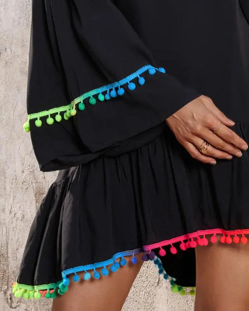 Colorblock V-Neck Bell Sleeve A Line Tassel Mini Dress Vacation Dress black