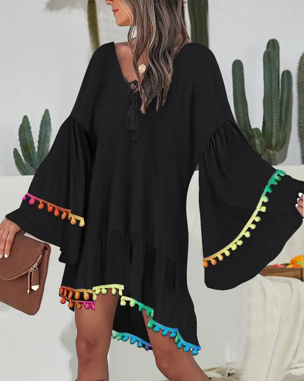Colorblock V-Neck Bell Sleeve A Line Tassel Mini Dress Vacation Dress black