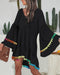 Colorblock V-Neck Bell Sleeve A Line Tassel Mini Dress Vacation Dress black