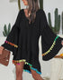 Colorblock V-Neck Bell Sleeve A Line Tassel Mini Dress Vacation Dress black