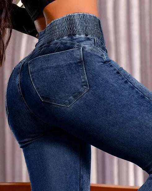 ChicMe CurveEase Back Shirred Button Front High Waist Jeans Skinny Flared Denim Jeggings dark blue