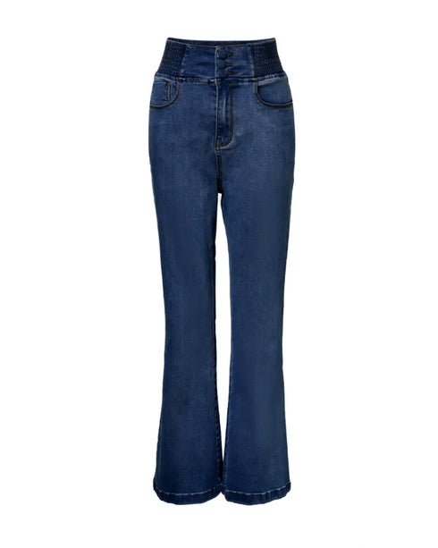 ChicMe CurveEase Back Shirred Button Front High Waist Jeans Skinny Flared Denim Jeggings dark blue