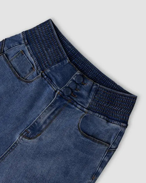 ChicMe CurveEase Back Shirred Button Front High Waist Jeans Skinny Flared Denim Jeggings dark blue