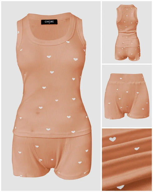 2 Pieces Outfit Bowknot Decor Notch Neck Adjustable Straps Ruffles Camisole Top and Elastic Waist Shorts Set Casual Ditsy Floral Print Frill Trim Jacquard Textured Pajamas Set orange