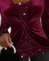 Contrast Sequin Twisted Velvet Top Wine red