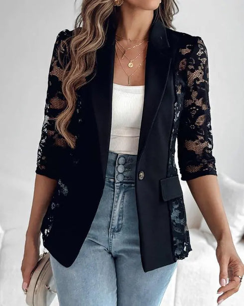 Lapel Neck Lace Patch Single Button Flap Detail Sheer Blazer Coat black