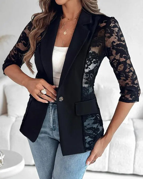 Lapel Neck Lace Patch Single Button Flap Detail Sheer Blazer Coat black