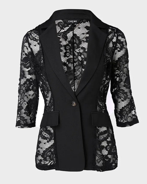 Lapel Neck Lace Patch Single Button Flap Detail Sheer Blazer Coat black