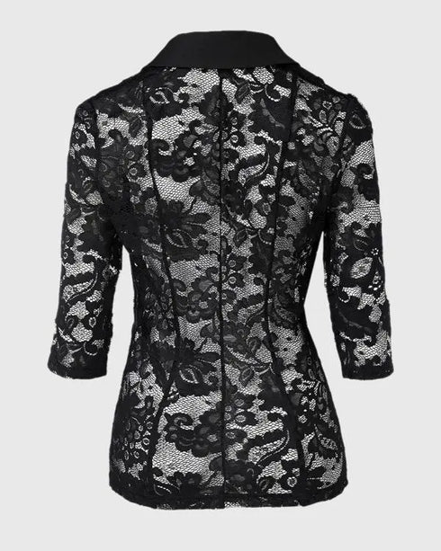 Lapel Neck Lace Patch Single Button Flap Detail Sheer Blazer Coat black
