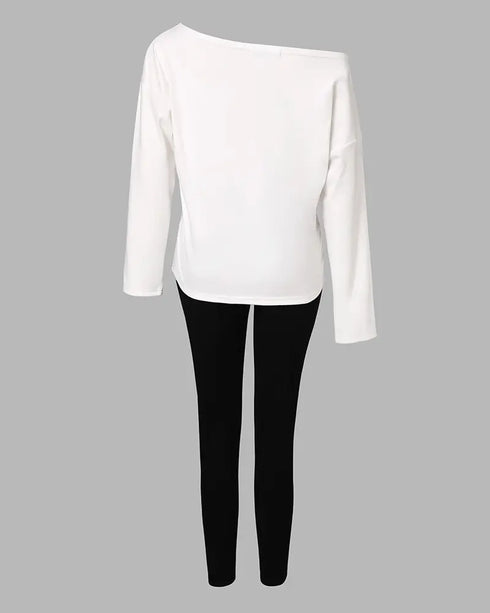 2 Pieces Outfit Long Sleeve Skew Neck Pullover Top and Drawstring Elastic Waist Slim Fit Pants Set black