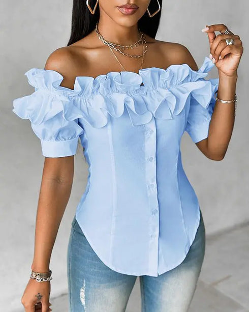Off the Shoulder Short Sleeve Blouses Asymmetrical Button Ruffles Blouses sky blue