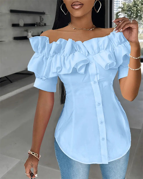 Off the Shoulder Short Sleeve Blouses Asymmetrical Button Ruffles Blouses sky blue