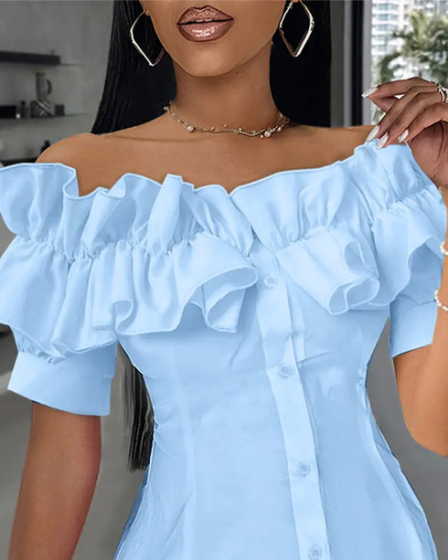 Off the Shoulder Short Sleeve Blouses Asymmetrical Button Ruffles Blouses sky blue