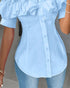 Off the Shoulder Short Sleeve Blouses Asymmetrical Button Ruffles Blouses sky blue