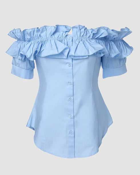 Off the Shoulder Short Sleeve Blouses Asymmetrical Button Ruffles Blouses sky blue
